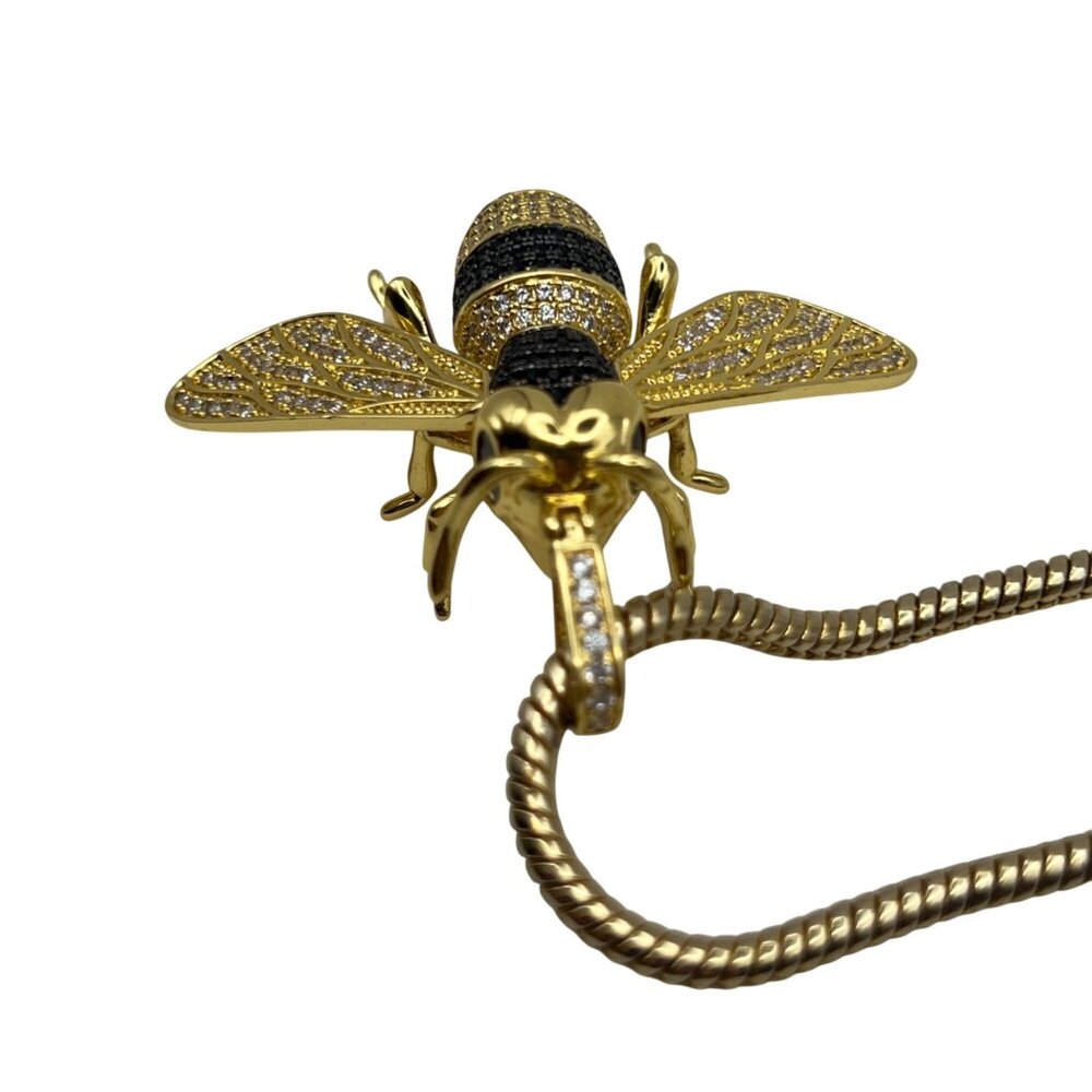 Gold Tone Bee Pendant Necklace Pave Crystal Black Stones Statement 24" LOOK - Picture 10 of 13